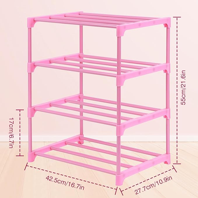 HITHIM 4-Tier Free Standing Shoe Racks for 6-8 Pairs Shoe Storage,Kids Shoe Racks for Small Place,Lightweight Stackable Shoe Shelf Organizer for Entryway, Doorway and Closet,Pink