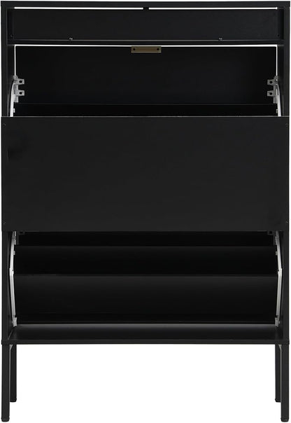 XIAO WEI Shoe Cabinet, Shoe Storage Organizer Cabinet with 2 Flip Half Moon Line Doors, Freestanding Shoe Rack with Adjustable Shelf for Entryway（Black）