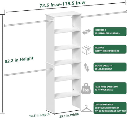 Closet System, 25.5" Wide Closet Organizer System with 3 Hanging Rods, Wood Tower Closet Storage for Walk In Closets, Wall Mounted Wardrobe Organizer Kit, Bedroom, Fit Space 6-10 ft, White