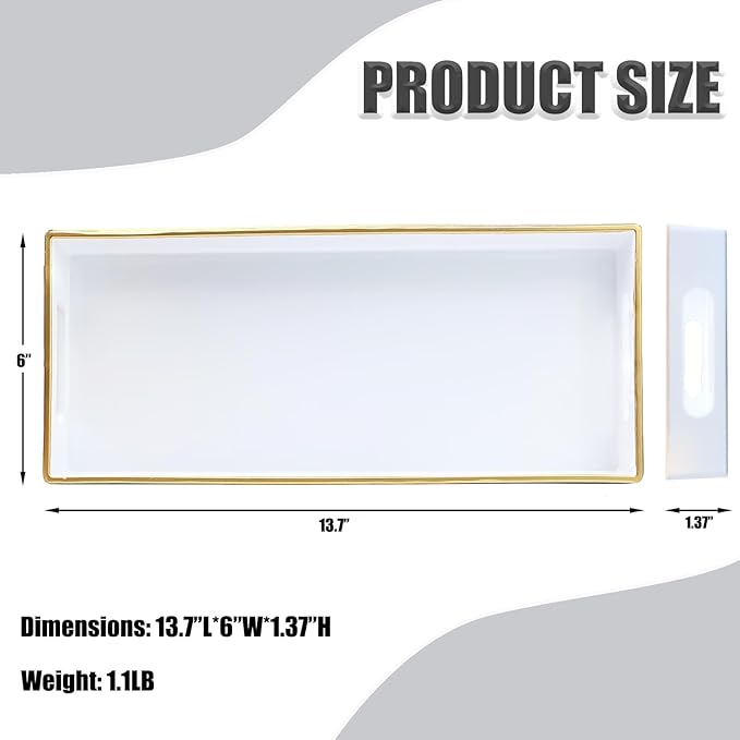 White Bathroom Vanity Tray for Countertop, Small Plastic Toilet Tank Versatile Storage & Organization Tray for Makeup, Perfume, Desk, Kitchen, Candles, 13.7"x6"x1.4", 35W