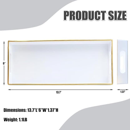 White Bathroom Vanity Tray for Countertop, Small Plastic Toilet Tank Versatile Storage & Organization Tray for Makeup, Perfume, Desk, Kitchen, Candles, 13.7"x6"x1.4", 35W