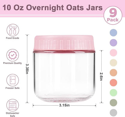 Overnight Oats Containers with Lids, 10oz Wide Mouth Mason Jars with Lids, 9 Pack Glass Jars with Airtight lid for Chia Pudding Yogurt Salad, Meal Prer Oatmeal Jars, Pink
