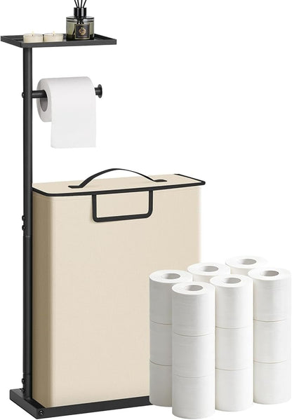 Freestanding Toilet Paper Holder Stand with Shelf for Up to 12 Rolls,Rustproof Metal Bathroom Toilet Paper Storage with Lid, All-in-One Toilet Tissue Roll Dispenser and Organizer,Beige