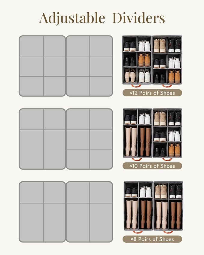 GLORIEROO Smell Proof Shoe Organizer for Closet - Adjustable Dividers & Clear Lid. Foldable Shoe Storage Box with Activated Carbon Lining for Gym Sneakers, Running Shoes & Boots