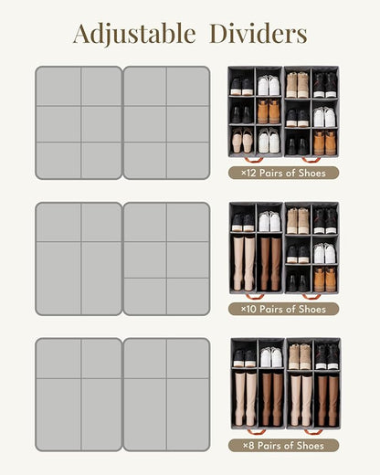 GLORIEROO Smell Proof Shoe Organizer for Closet - Adjustable Dividers & Clear Lid. Foldable Shoe Storage Box with Activated Carbon Lining for Gym Sneakers, Running Shoes & Boots