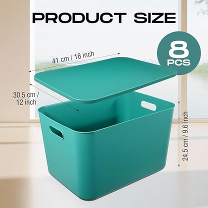 Hoolerry 8 Pieces Colorful Storage Bins with Lid, Plastic Storage Basket Organizing Container Stackable Box with Handle for Shelves Desktop Playroom Office(16.1 x 12.0 x 9.7 Inch,Green)