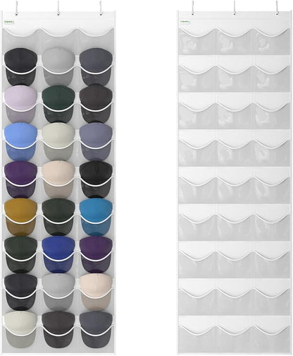 Baseball Hat Rack, 27 Pocket Over-The-Door Hat Organizer with Clear Deep Pockets to Display Baseball Caps Collection, Complete with 3 Over Door Hooks (White, 27 Pockets)