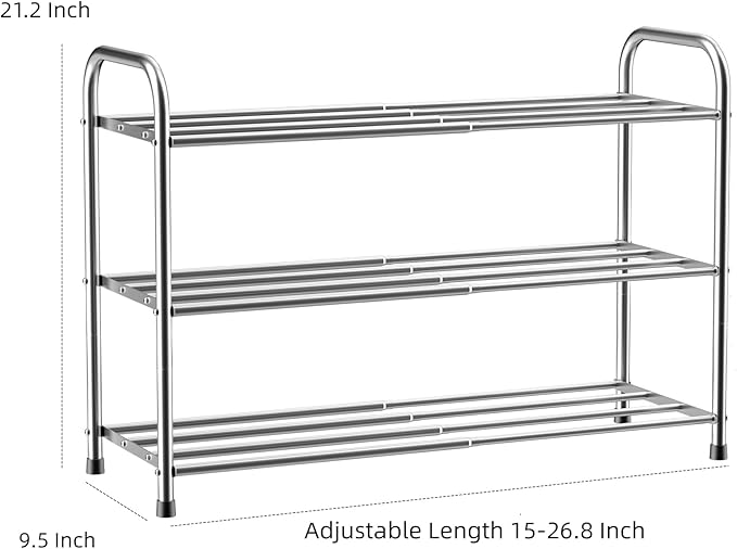 3 Tier Expandable Shoe Rack for Closet, Stainless Steel Shoe Shelf, Strong Weight Capacity Shoes Organizer, Easy to Install and Saving Space Standing Shelf with Sturdy Frame(3 Tier)
