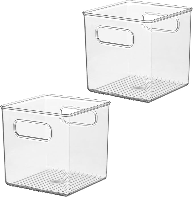 iDesign Pantry Storage Bins with Handles - Cube Organizer Bins for Cabinets or Fridge - Set of 2 - Clear