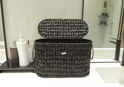 Coeusy Black Toilet Paper Basket with Lid,Wicker Toilet Paper Storage Stand,Large Narrow Bathroom Towel Basket Mega Roll Container Bin for Toilet Tank,Floor