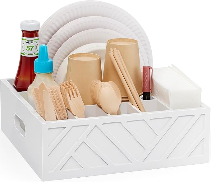 Utensil Holder for Party-Paper Plate Dispenser and Holders for countertop,Wood Rustic Silverware Utensil Caddy with 7 Compartments,Cutlery Flatware Organizer Box for Cup/Fork/Spoon,Kitchen Accessories