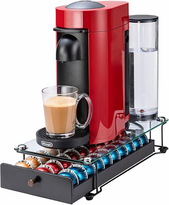 Coffee Pod Drawer Organizer for Nespresso Vertuo, 30 Pods Coffee Pod Holder, Coffee Pods Organizer with Mesh Shelves Black Glass