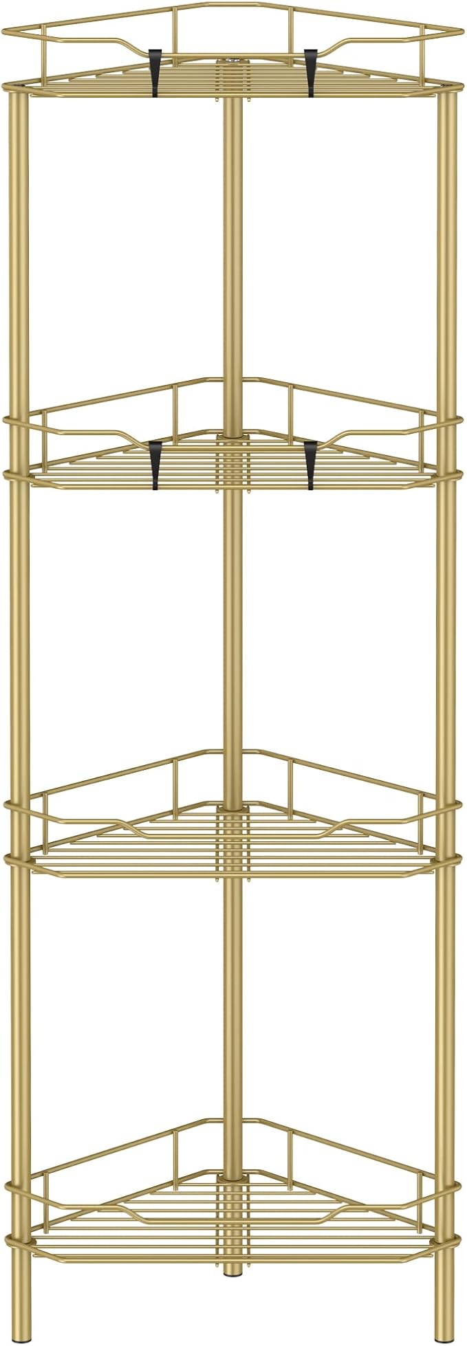 HuggieGems 4 Tier Floor Standing Corner Shower Caddy Organizer Shelf with Hooks, Bathroom Shelves Stand Rack, Gold