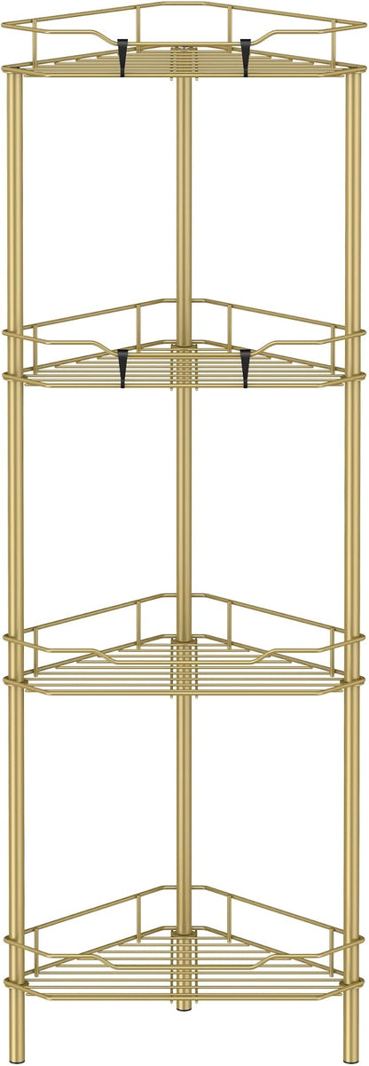 HuggieGems 4 Tier Floor Standing Corner Shower Caddy Organizer Shelf with Hooks, Bathroom Shelves Stand Rack, Gold