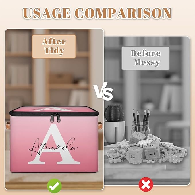 Custom Initial Name Storage Bins, Personalized Foldable Storage Basket Boxes with Zipper Lid&Handle, Customized Shelf Basket Cube, Gradient Pink