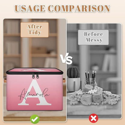 Custom Initial Name Storage Bins, Personalized Foldable Storage Basket Boxes with Zipper Lid&Handle, Customized Shelf Basket Cube, Gradient Pink