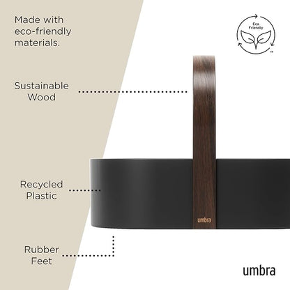 Umbra Bellwood Caddy, Organizer Bin for Makeup and Cosmetics, Durable Lightweight Container with Wooden Handle and Removable Dividers, Small Black/Walnut