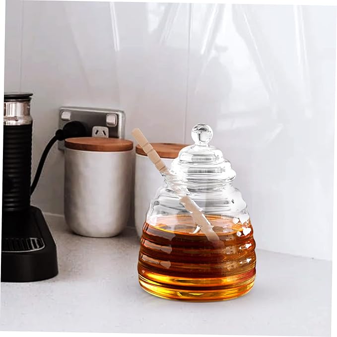 Amosfun 1Set Honey Storage Jar with Stirring Rod Transparent Borosilicate Glass Syrup Dispenser for Home Kitchen Use for Honey Jam and Syrup Storage