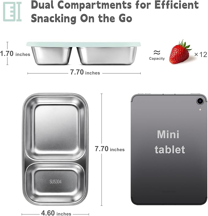 3 Pack Stainless Steel Snack Containers with Silicone Lids, 2-Compartment Snack Containers for Lunch, Office, Travel & Camping（Aqua, Blue, Grey