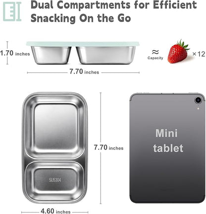 3 Pack Stainless Steel Snack Containers with Silicone Lids, 2-Compartment Snack Containers for Lunch, Office, Travel & Camping（Aqua, Blue, Grey