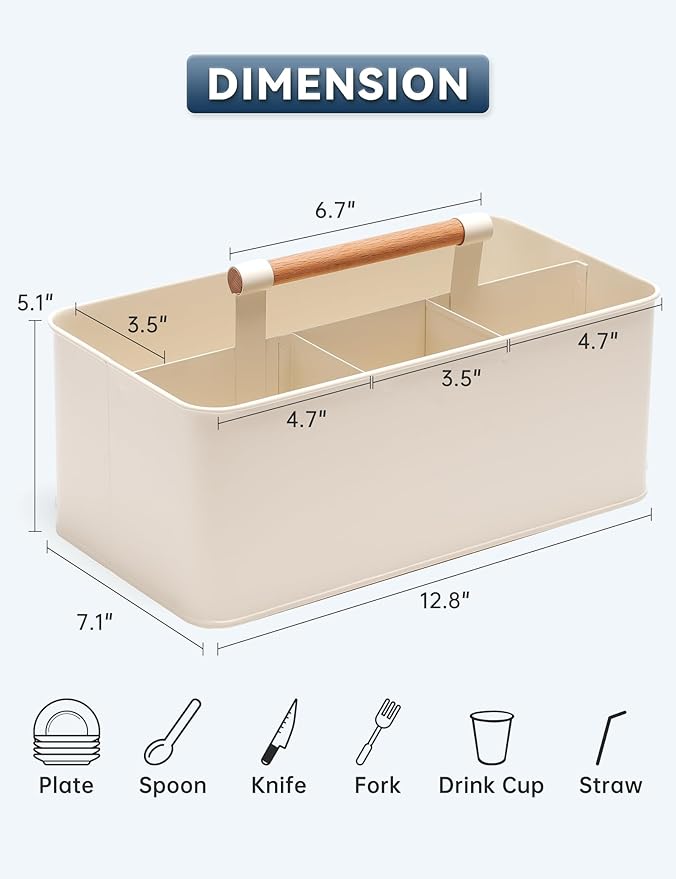 Caddy Organizer with Wooden Handle, Metal Utensil Caddy with 4 Compartments, Picnic Caddy Paper Plate Organizer Utensil Holder for Party