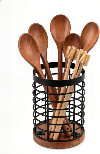 Wooden Utensil Holder for Kitchen Countertop, Rustic Metal Wire Cutlery Stand with Solid Wood Base, Spoon Spatula Organizer for Kitchen Décor Cooking Tools - 5.2" x 5.2" x 6"