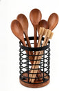 Wooden Utensil Holder for Kitchen Countertop, Rustic Metal Wire Cutlery Stand with Solid Wood Base, Spoon Spatula Organizer for Kitchen Décor Cooking Tools - 5.2" x 5.2" x 6"