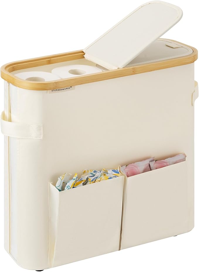 StorageWorks Toilet Paper Storage Baskets with Dual Flip Lids, Toilet Paper Organizer for Bathroom, Toilet Paper Container with Side Pocket, Holds 9 Mega or 12 Regular Rolls, Medium, Beige