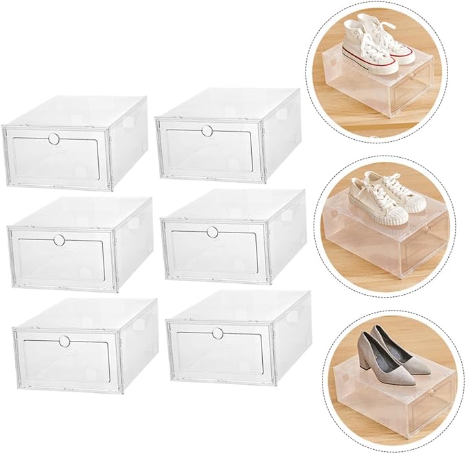 Cabilock 6Pcs Transparent Stackable Shoe Storage Boxes Plastic Drawer Type Organizer for Shoes Wear Resistant with Reinforced Design and Visual Access