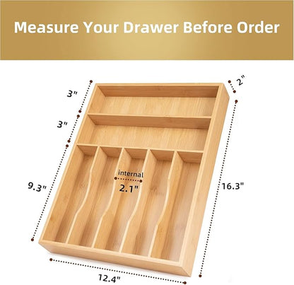 Upassion Bamboo Kitchen Drawer Organizer, 13 Inch Silverware Organizer with Extra-deep Grooved Divider, 7 Slots Pure Bamboo Wood Caddy for Flatware Cutlery Knives, Forks, Spoons