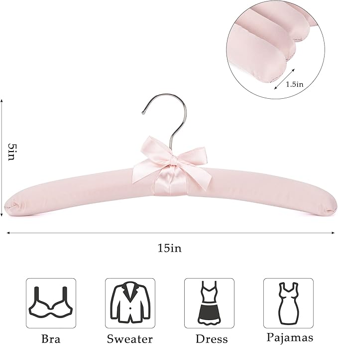 NEOVIVA 15 Inch Anti Slip Satin Padded Clothes Hangers for Women Pink Satin Padded Hangers for Women Clothing, No Shoulder Bump for Adult, Silk Hangers for Sweaters, Dresses, Suits (10 Pack)