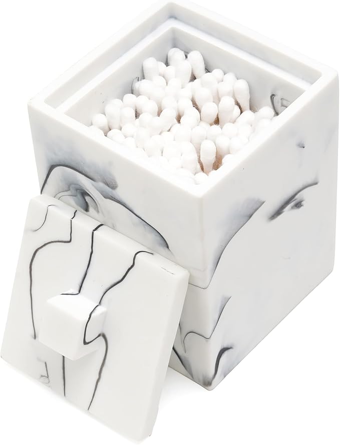 Qtip Holder with Lid, Bathroom Resin qtip holder dispenser , Cotton Swab Container jars, Cotton Ball Organizer for Floss Jewelry Necklace Ring Earring Storage jar Gift Case, Ink White