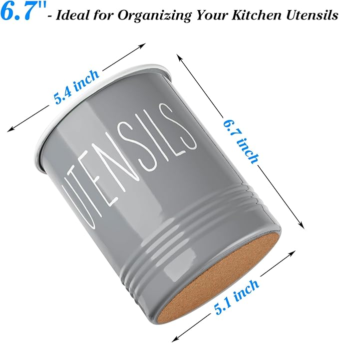 Bivvclaz Gray Kitchen Utensil Holder, 6.7" Utensil Holder for Counter, Cooking Utensil Crock with Cork Bottom, Modern Farmhouse Kitchen Decor, Countertop Utensil Storage Organizer Caddy