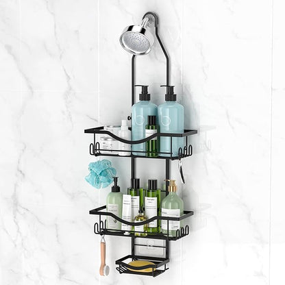 Shower Caddy Hanging Adjustable Shower Caddy, Rustproof Shower Organizer Extended Length Shower Caddies Over Shower Head with Hooks Soap Holder, Large Capacity Anti-Swing Bathroom Storage, Black