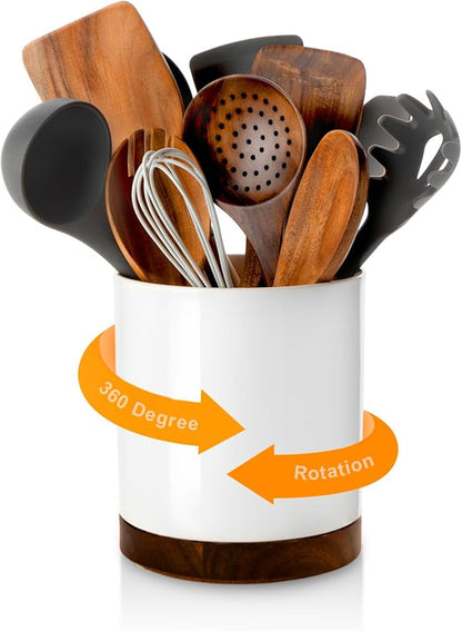 Nucookery 360° Rotating Utensil Holder, 7.2" Large Utensil Crock, White Ceramic Cooking Utensil Organizer with Countertop-Protection Cork Bottom for Farmhouse Kitchen Decor Christmas Gift (White)
