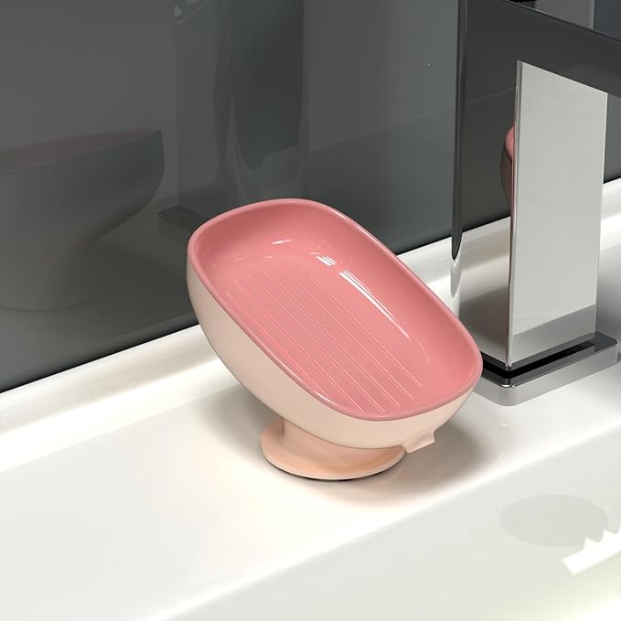 Soap Holder Self Draining for Sink Soap Holder Suction Cup Bar Soap Holder for Kitchen Bathtub - Pink
