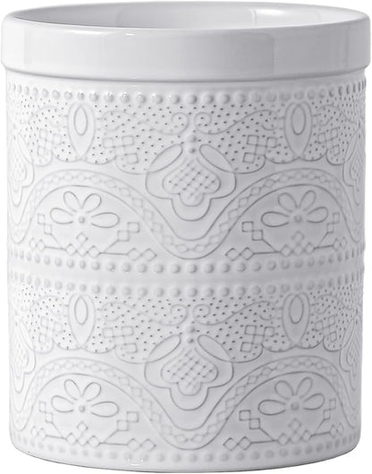 FUN ELEMENTS Kitchen Utensil Holder, 7.2" Super Large Utensil Crock Heavy and Stable Lace Emboss Ceramic Utensil Holder for Kitchen Counter (Bright White)