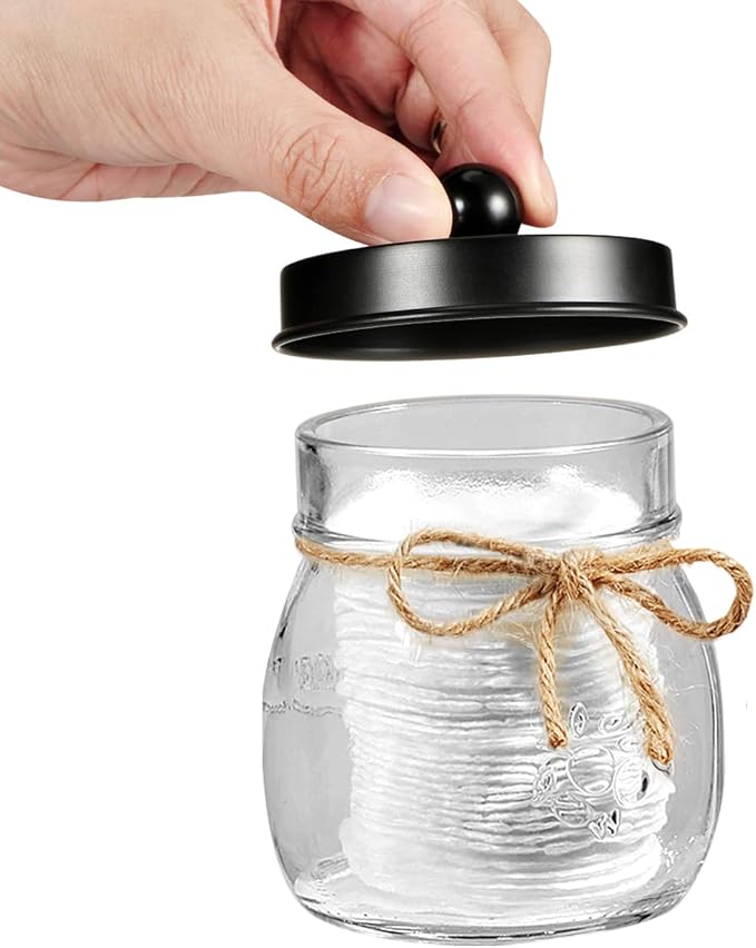 Amolliar Mason Jar Bathroom Vanity Organizer - Farmhouse Decor Qtip Dispenser Holder Canister Glass - 8oz Mason Jars &Stainless Steel Lids for Q-tips,Cotton Swabs,Rounds,Bath Salts,Ball/Black,2-Pack
