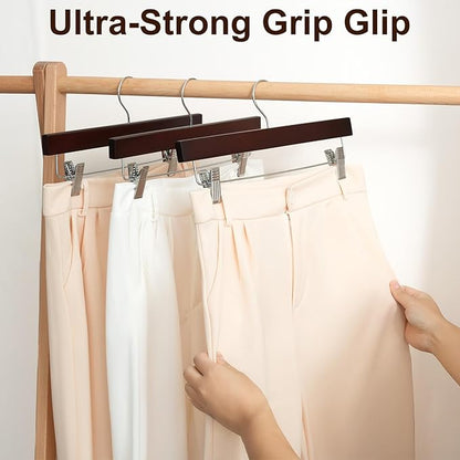 BAGAIL 20 Pack Wooden Pants Hangers with Adjustable Clips, 360°Swivel Hook Space Saving Skirt Holders with Anti-Rust Clips for Trousers, Jeans, Shorts(Walnut)