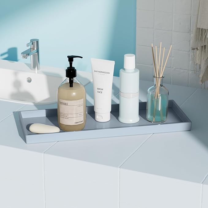 Vanity and Bathroom Tray, 15" ABS Countertop Organizer,Waterproof Vanity Tray for Toilet Tank,Perfume,Soap,Keys,Bathroom Accessories,Kitchen and Bath Trays,Non Slip Small Trays,Gray