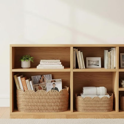 Coeusy Paper Rope Scalloped Basket Set of 2,Woven Storage Baskets for Shelves,Laundry,Towels,Clothes,Books,Toys,Cute Decor Baskets for Organizing,Natural Color