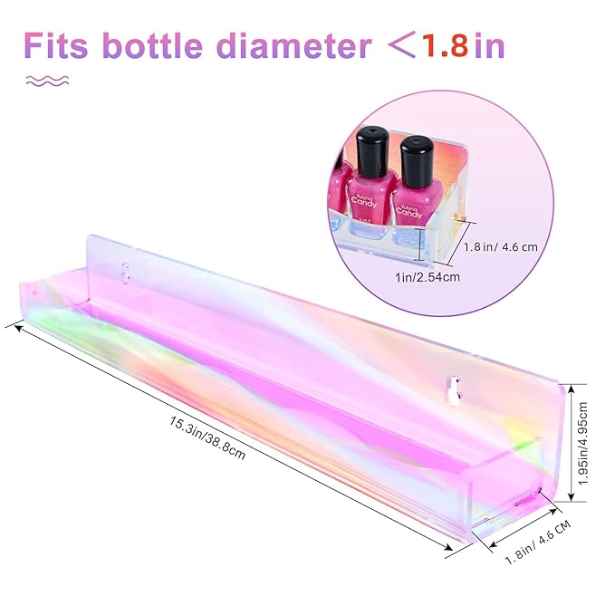 6 Packs Iridescent Nail Polish Wall Mounted Organizer, 15" Rainbow Floating Shelves, Acrylic Nail Polish Wall Rack for Paint, Tattoo Ink, Essential Oils, Makeup Storage Display Stand