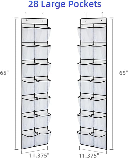 KEEPJOY Over the Door Shoe Organizer, Hanging Shoe Organizer with 4 Hooks, Shoe Holder with 14 Mesh Pockets Closet Door Shoe Storage Bag (White-2Pack)