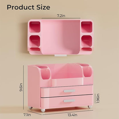Makeup Organizer for Vanity with 2 Large Drawers, Cosmetic Display Case with Brush Holders, Easy to Storage for Bathroom Countertop Skincare, Desk Office Supplies, All Pink