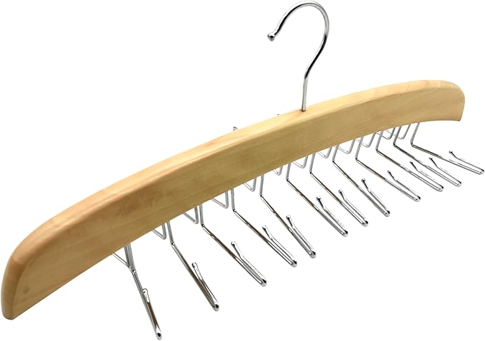 Richards Wooden Tie Rack Hanging Organizer for Mens Closet Accessories, Space Saving Necktie Holder for Storage and Display, Holds 24 Ties, Hook, Natural Wood with Chrome Accents