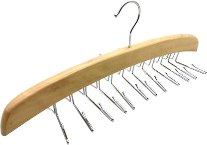 Richards Wooden Tie Rack Hanging Organizer for Mens Closet Accessories, Space Saving Necktie Holder for Storage and Display, Holds 24 Ties, Hook, Natural Wood with Chrome Accents