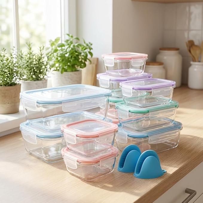 20 Pc Glass Food Storage Containers with Snap Lock Lids, Airtight & Leakproof, Bonus 2 Oven Silicone Gloves, Safe for Dishwasher, Oven, Microwave,Freezer, BPA Free