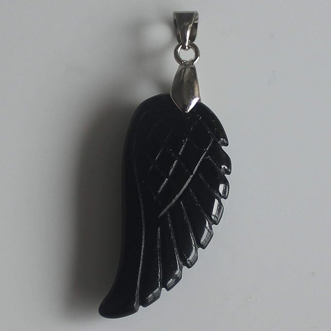 35mm Hand carved mixed gemstom angel wing for necklace pendant bead (black obsidian)