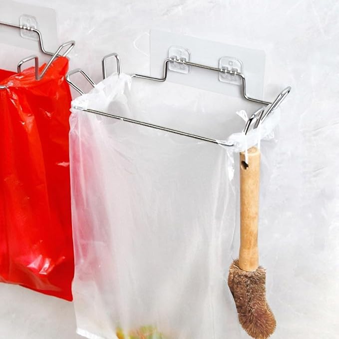 Cupboard Door Plastic Bag Holder with Metal Hanger for Over Door Use, Rubbish Bin Bag Holder Stainless Steel for Home Organization