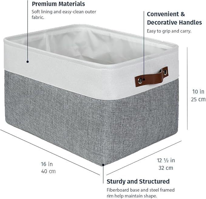 OrganiHaus 16x12.5in Canvas Storage Baskets 3 Pack | EXTRA LARGE Fabric Bins for Shelves | Linen Closet Organizer | Gray/Off-White